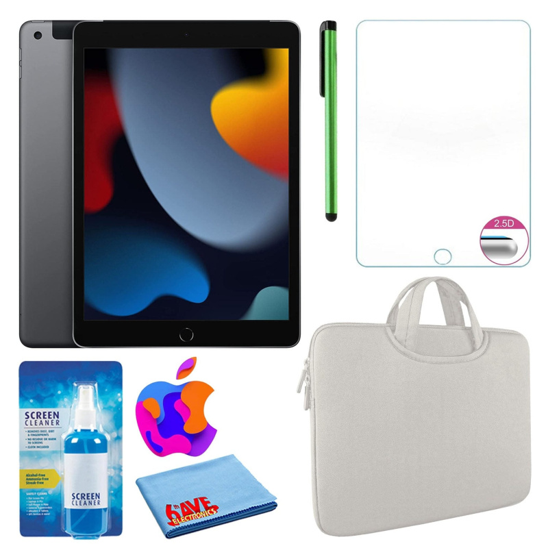 Apple 10.2" iPad (2021, 64GB, Wi-Fi, Space Gray) and Zipper Sleeve Bundle, White / 64GB