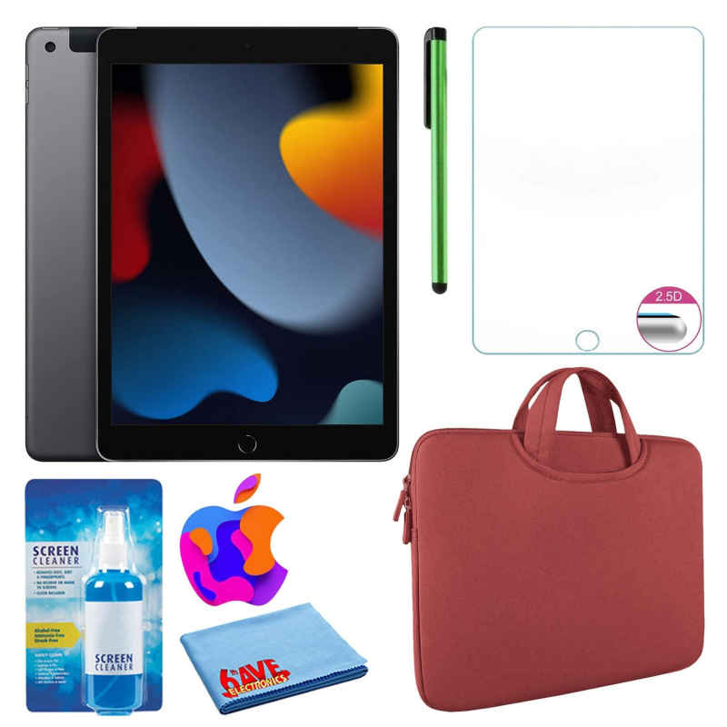 Apple 10.2" iPad (2021, 64GB, Wi-Fi, Space Gray) and Zipper Sleeve Bundle, Red / 64GB