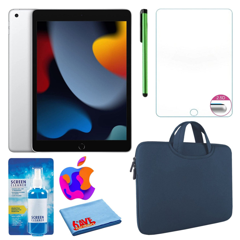 Apple 10.2" iPad (2021, 64GB, Wi-Fi, Silver) and Zipper Sleeve Bundle, Blue / 64GB
