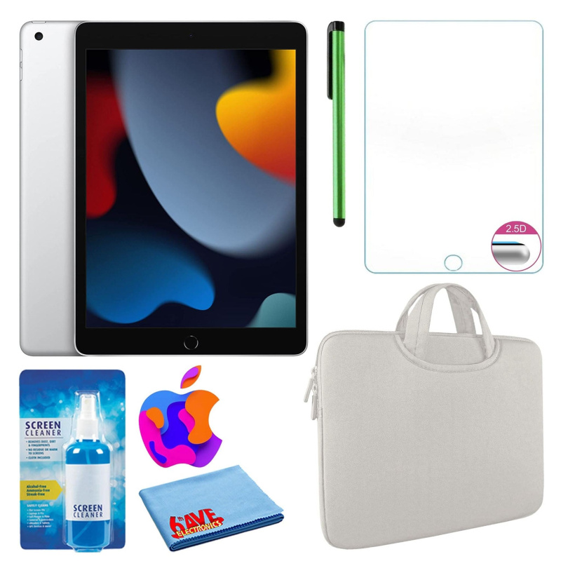 Apple 10.2" iPad (2021, 256GB, Wi-Fi, Silver) and Zipper Sleeve Bundle, White / 256GB