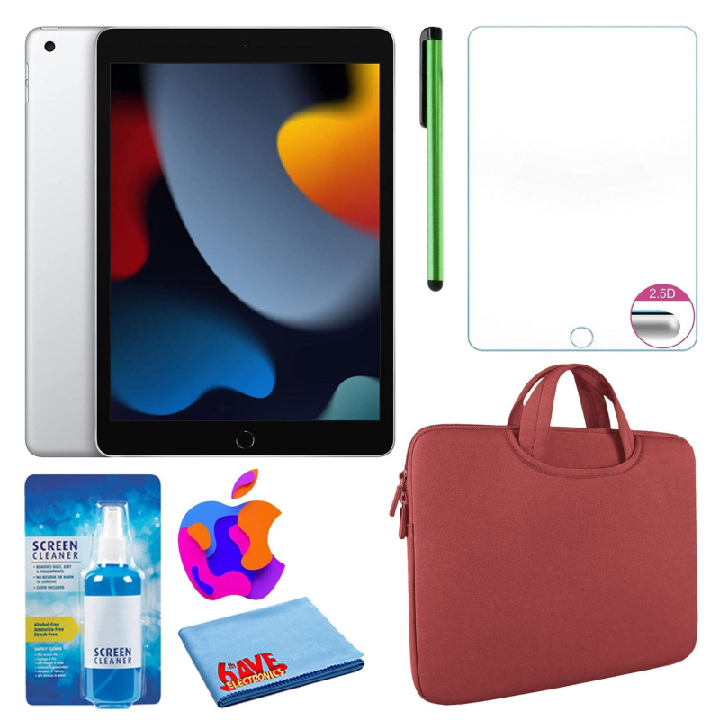 Apple 10.2" iPad (2021, 256GB, Wi-Fi, Silver) and Zipper Sleeve Bundle, Red / 256GB