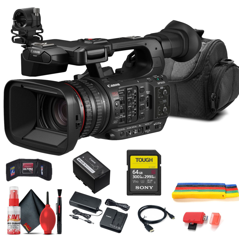 Canon XF605 UHD 4K HDR Pro Camcorder (5076C002) With 64GB Card + Bag Bundle (International Model)