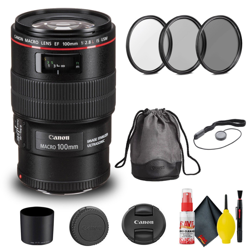 Canon EF 100mm f/2.8L Macro IS USM Lens (3554B002) + Filter Kit Basic Bundle (International Model)