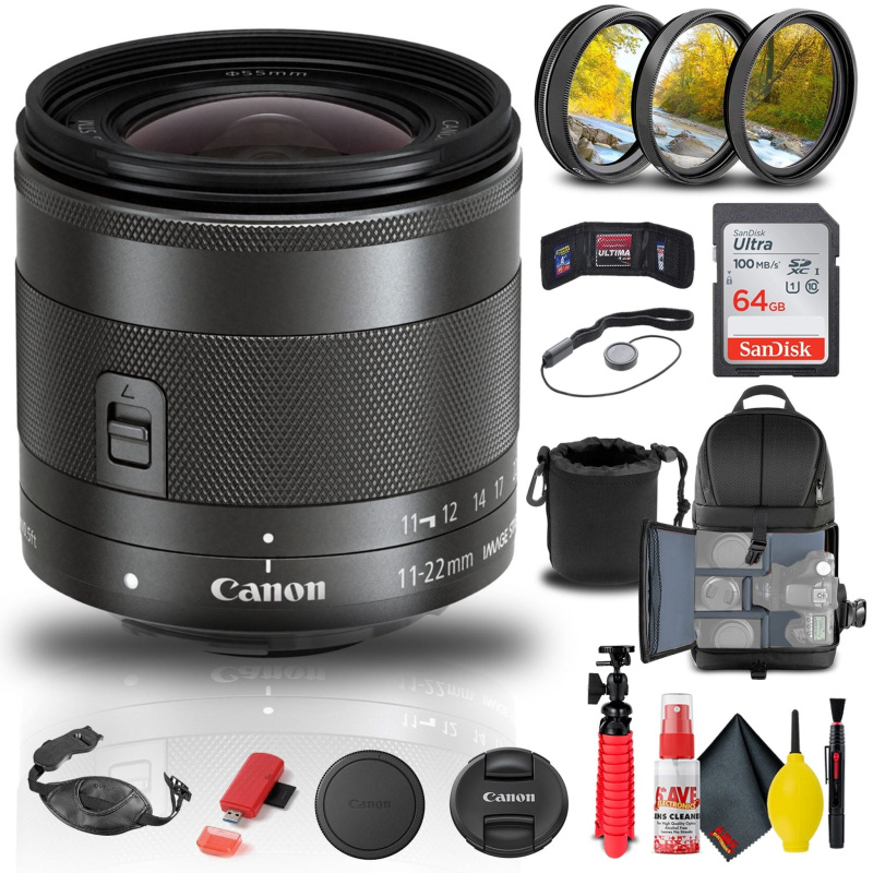 Canon EF-M 11-22mm f/4-5.6 IS STM Lens (7568B002) + Filter Kit + BackPack + More (International Model)