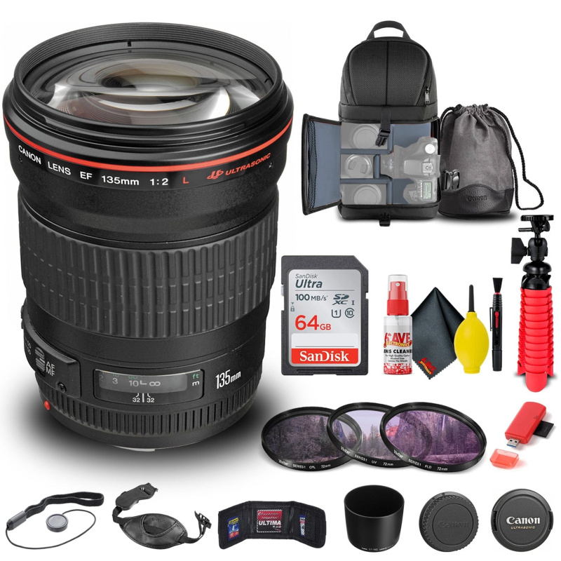 Canon EF 135mm f/2L USM Lens (2520A004) + Filter + BackPack + 64GB Card + More (International Model)