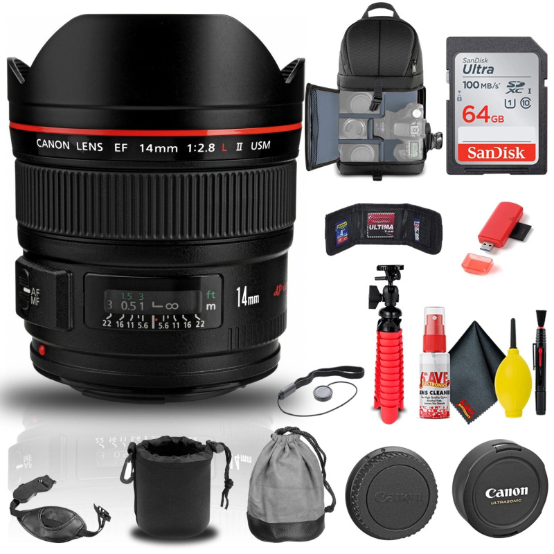 Canon EF 14mm f/2.8L II USM Lens (2045B002) + BackPack + 64GB Card + More (International Model)