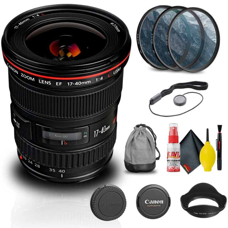 Canon EF 17-40mm f/4L USM Lens (8806A002) + Filter Kit + Cap Keeper Base Bundle (International Model)