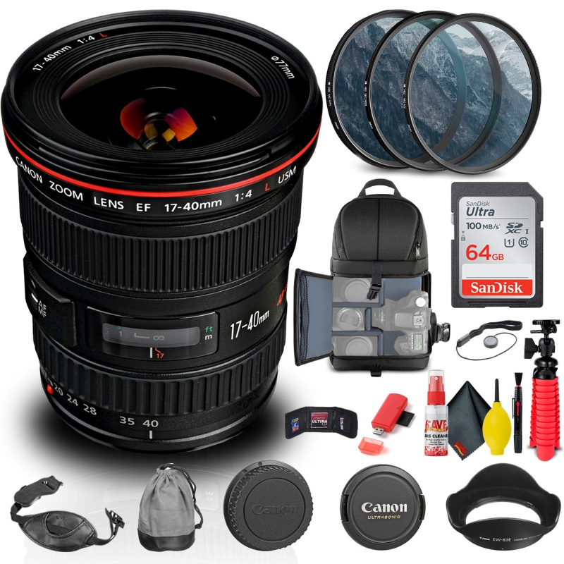 Canon EF 17-40mm f/4L USM Lens (8806A002) + Filter + BackPack + 64GB Card + More (International Model)
