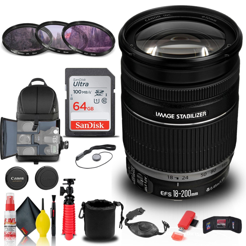 Canon EF-S 18-200mm f/3.5-5.6 IS Lens (2752B002) + Filter Kit + BackPack + More (International Model)