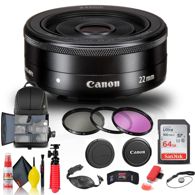 Canon EF-M 22mm f/2 STM Lens (5985B002) + Filter + BackPack + 64GB Card + More (International Model)
