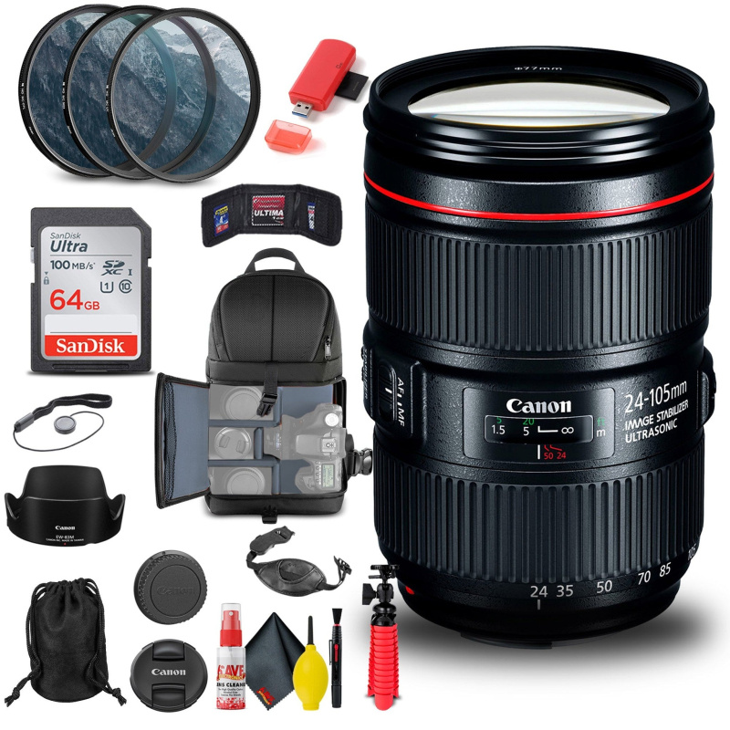 Canon EF 24-105mm f/4L IS II USM Lens (1380C002) + Filter Kit + BackPack Basic Bundle (International Model)