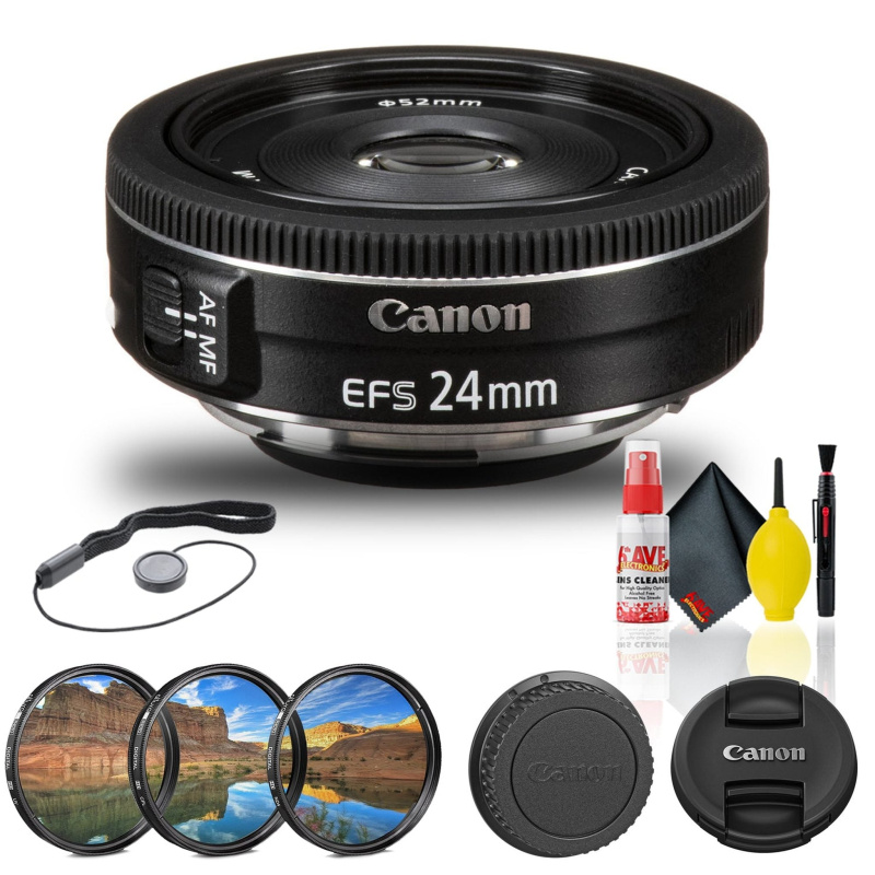 Canon EF-S 24mm f/2.8 STM Lens (9522B002) + Filter Kit + Cap Keeper Base Bundle (International Model)