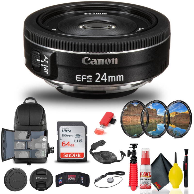 Canon EF-S 24mm f/2.8 STM Lens (9522B002) + Filter + BackPack + 64GB Card + More (International Model)