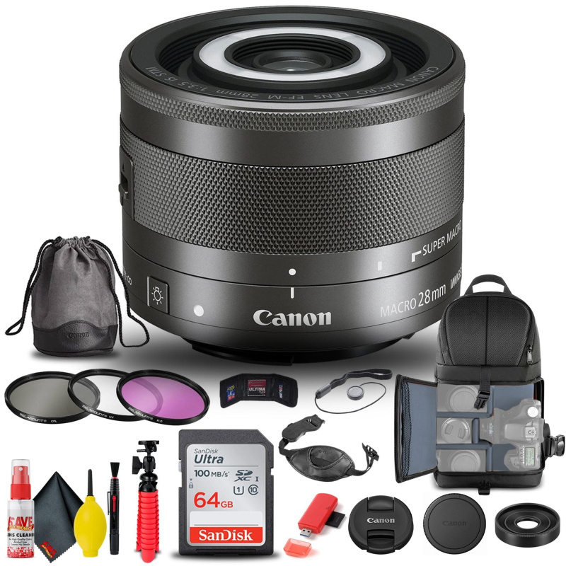 Canon EF-M 28mm f/3.5 Macro IS STM Lens (1362C002) + Filter + BackPack + More (International Model)