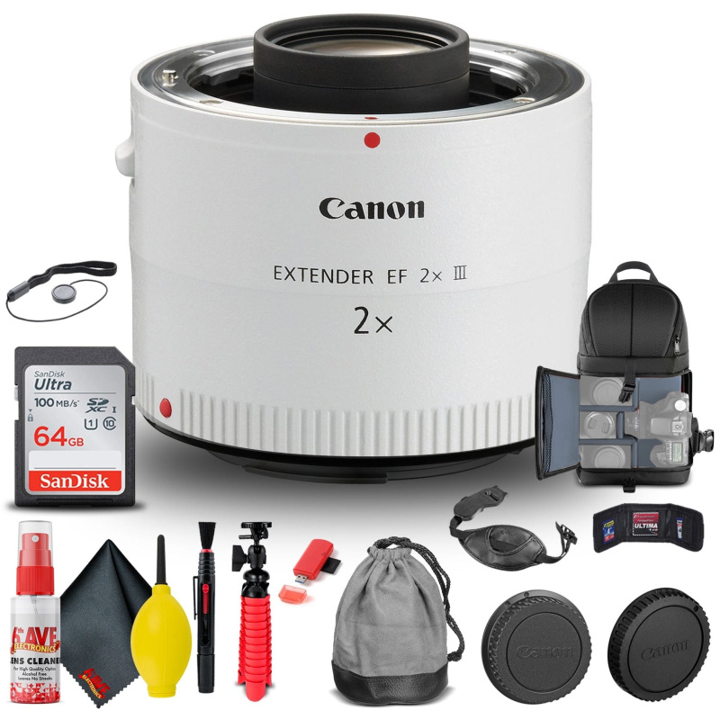 Canon Extender EF 2X III (4410B002) + BackPack + 64GB Card + Card Reader + More (International Model)