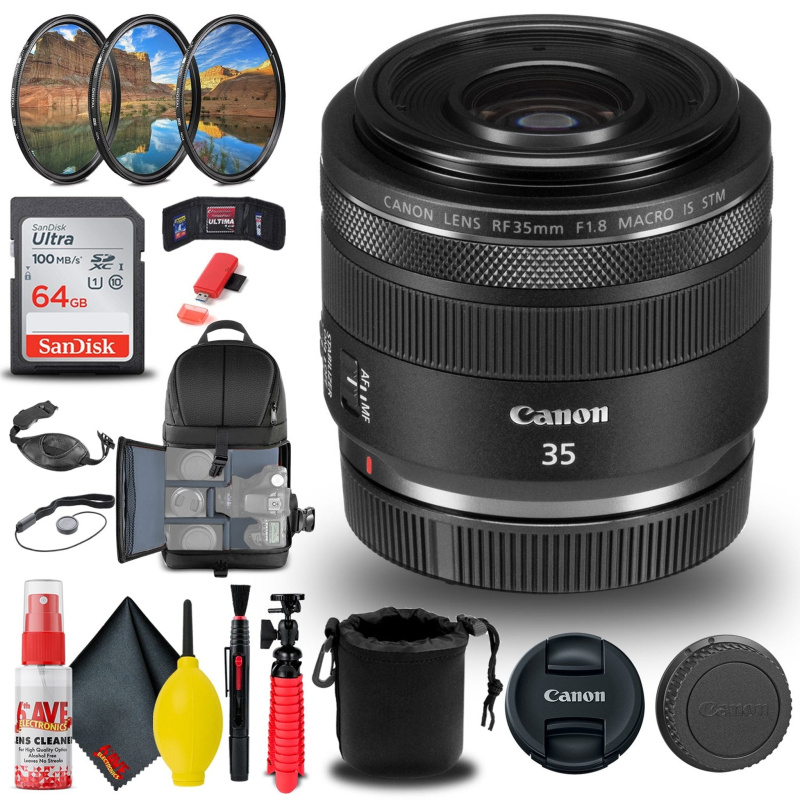 Canon RF 35mm f/1.8 IS Macro STM Lens (2973C002) + Filter Kit + BackPack + More (International Model)