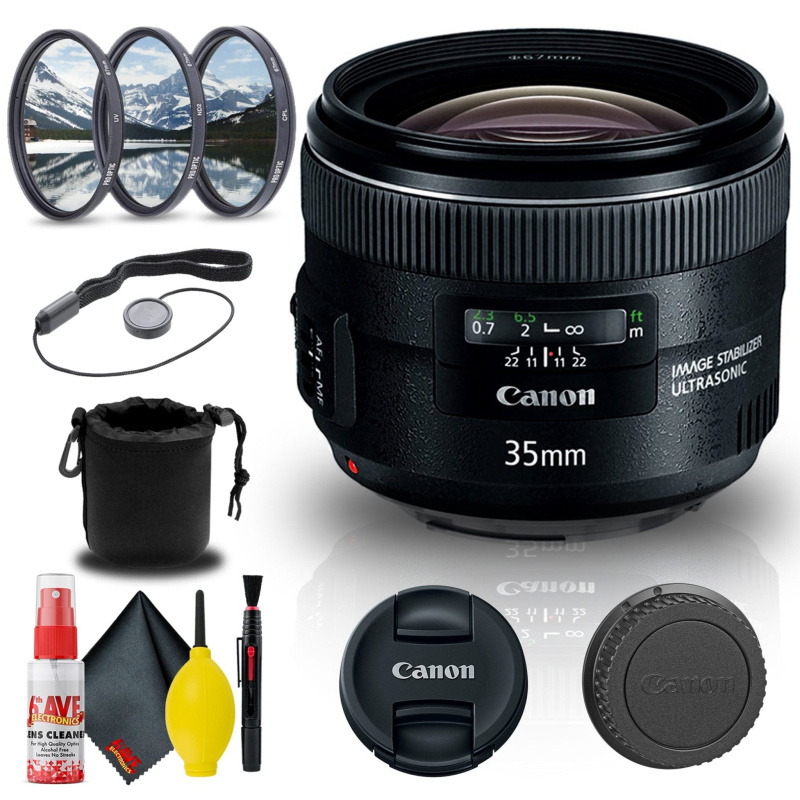Canon EF 35mm f/2 IS USM Lens (5178B002) + Filter Kit + Lens Pouch Base Bundle (International Model)