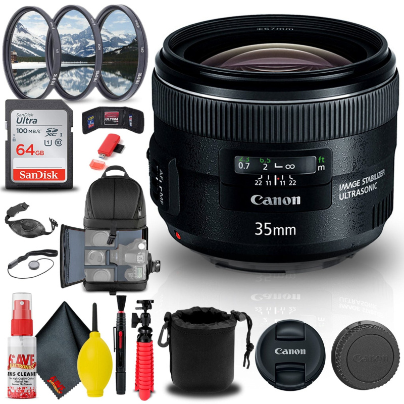 Canon EF 35mm f/2 IS USM Lens (5178B002) + Filter + BackPack + 64GB Card + More (International Model)