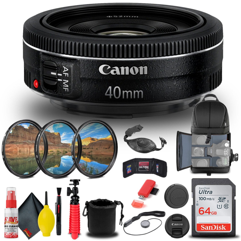 Canon EF 40mm f/2.8 STM Lens (6310B002) + Filter + BackPack + 64GB Card + More (International Model)