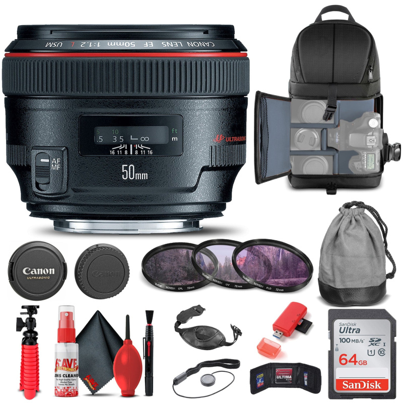 Canon EF 50mm f/1.2L USM Lens (1257B002) + Filter + BackPack + 64GB Card + More (International Model)