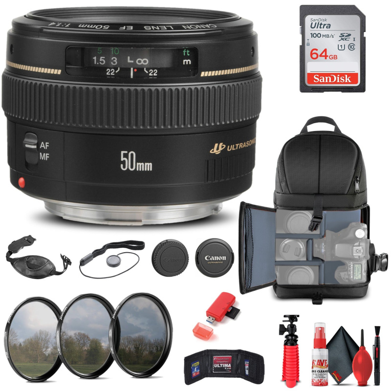 Canon EF 50mm f/1.4 USM Lens (2515A003) + Filter + BackPack + 64GB Card + More (International Model)