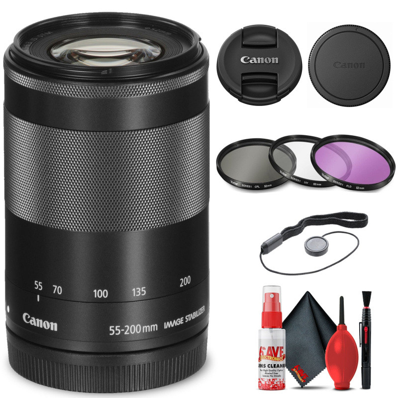 Canon EF-M 55-200mm f/4.5-6.3 IS STM Lens (Black) (9517B002) + Filter Kit Base Bundle (International Model)