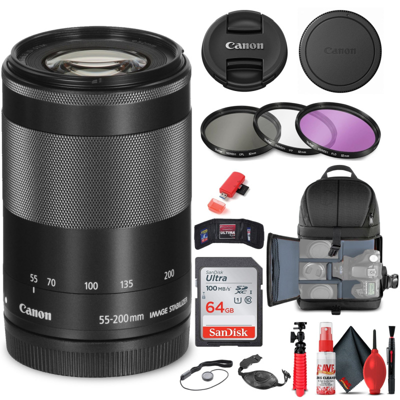 Canon EF-M 55-200mm f/4.5-6.3 IS STM Lens (Black) (9517B002) + Filter Kit + More (International Model)