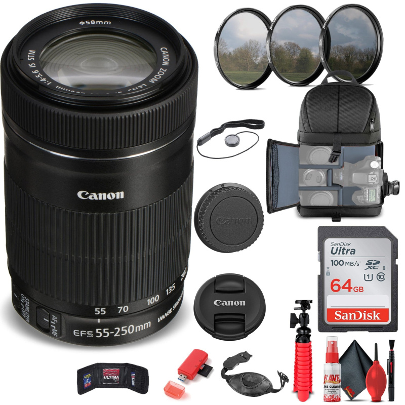 Canon EF-S 55-250mm f/4-5.6 IS STM Lens (8546B002) + Filter + BackPack + More (International Model)