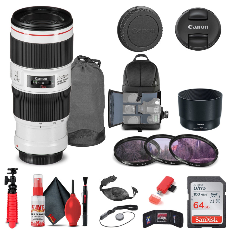 Canon EF 70-200mm f/4L IS II USM Lens (2309C002) + Filter Kit + BackPack + More (International Model)
