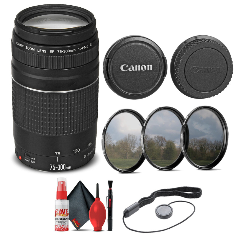 Canon EF 75-300mm f/4-5.6 III Lens (6473A003) + Filter Kit + Cap Keeper Base Bundle (International Model)
