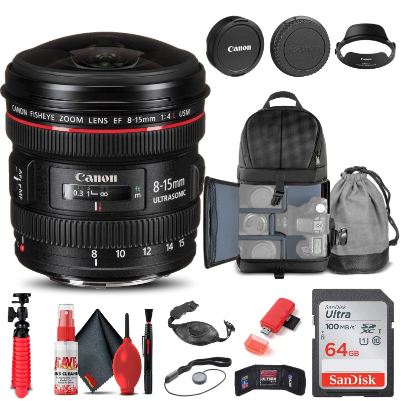 Canon EF 8-15mm f/4L Fisheye USM Lens (4427B002) + BackPack + 64GB Card + More (International Model)