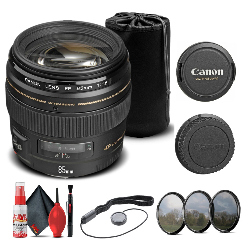 Canon EF 85mm f/1.8 USM Lens (2519A003) + Filter Kit + Lens Pouch Base Bundle (International Model)