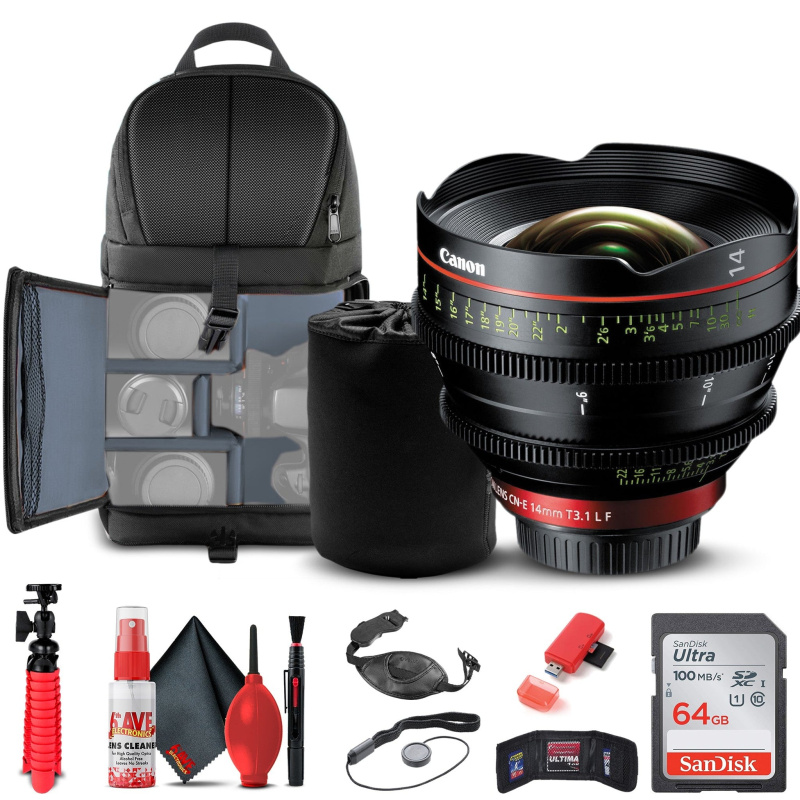 Canon CN-E 14mm T3.1 L F Cinema Prime Lens (EF Mount) 8325B001 + BackPack + More (International Model)