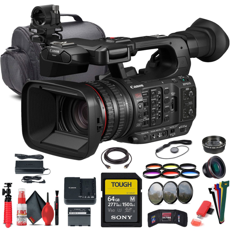 Canon XF605 UHD 4K HDR Pro Camcorder (5076C002) + BP-A60 Battery + More Bundle (International Model)