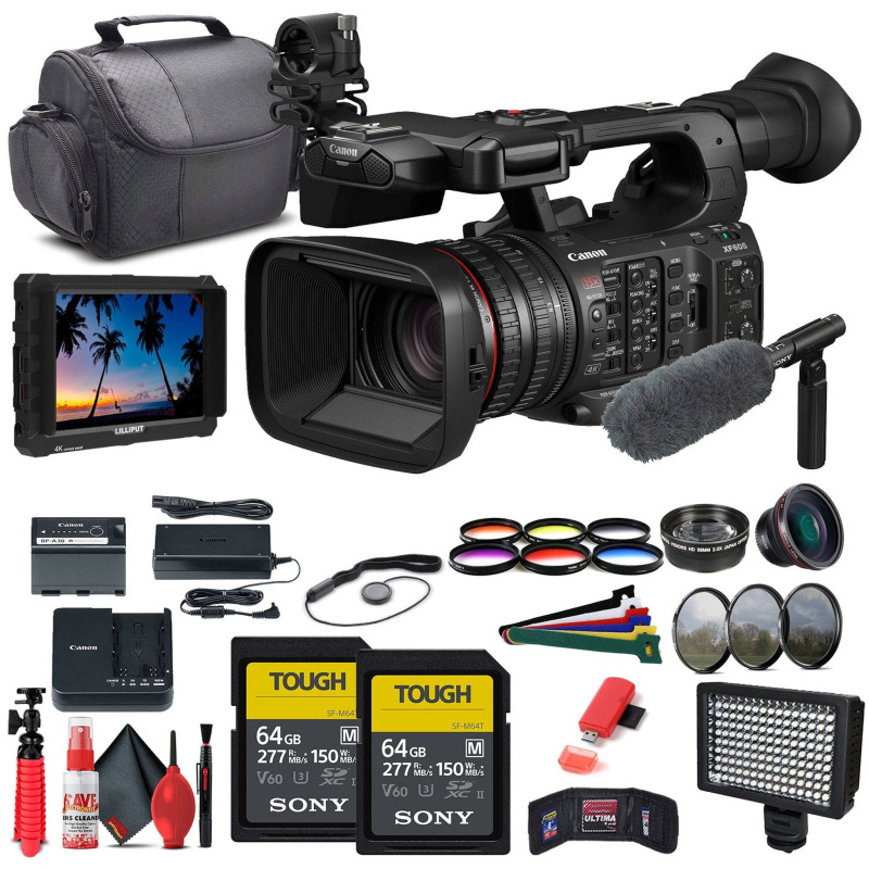 Canon XF605 UHD 4K HDR Pro Camcorder (5076C002) + 4K Monitor + Mic + More Bundle (International Model)