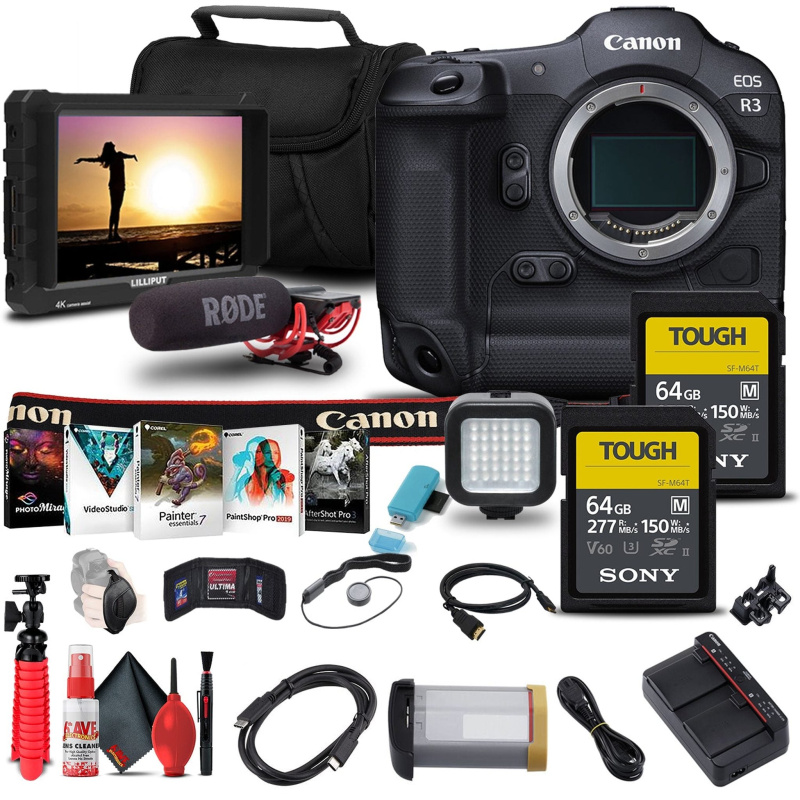 Canon EOS R3 Mirrorless Camera (4895C002) + 4K Monitor + VideoMic + More Bundle (International Model)