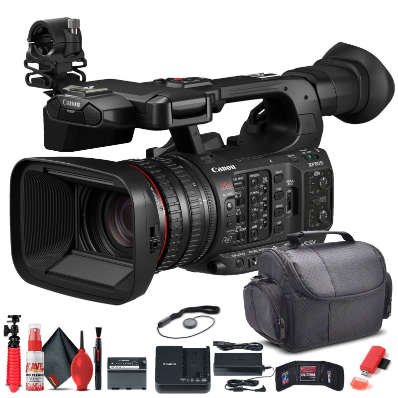 Canon XF605 UHD 4K HDR Pro Camcorder (5076C002) + Bag + Card Reader + More Bundle (International Model)