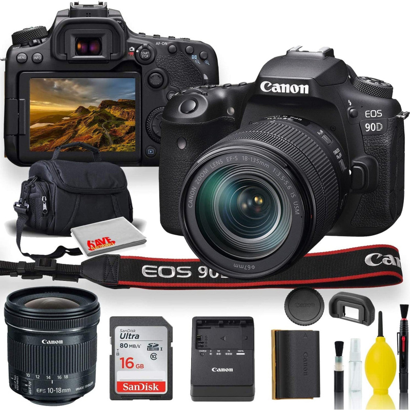 Canon EOS 90D DSLR Camera With 18-135mm Lens, Canon EF-S 10-18mm f/4.5-5.6 IS STM Lens, Soft Padded Case, Memory Card, and More (International Model)