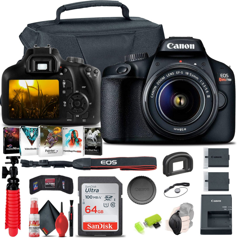 Canon EOS Rebel T100 / 4000D DSLR Camera with 18-55mm Lens Graphic Bundle (International Model)