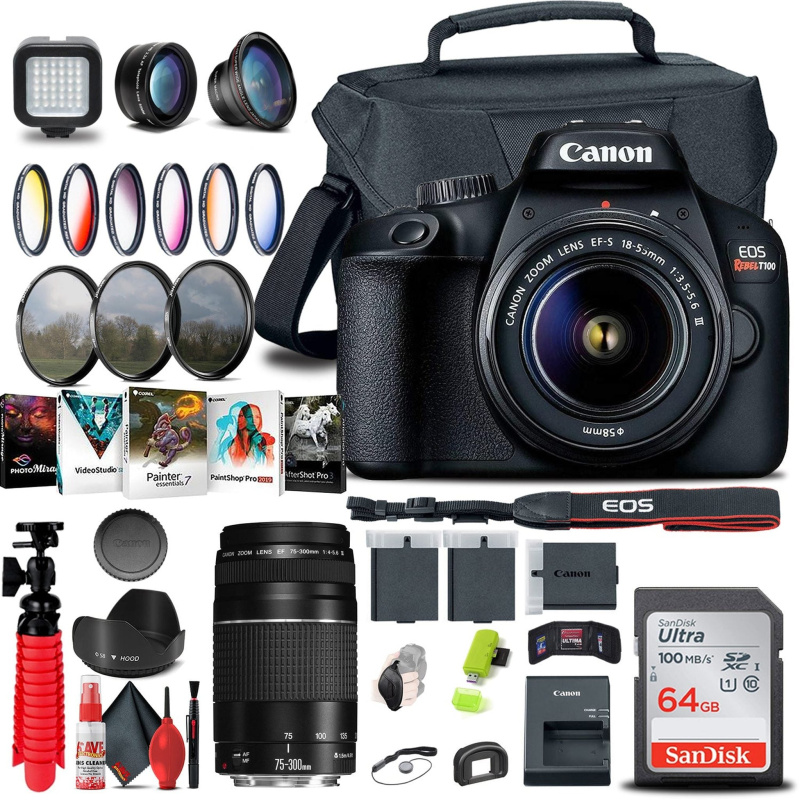 Canon EOS Rebel T100 / 4000D DSLR Camera with 18-55mm Lens + EF 75-300mm Outdoor bundle (International Model)