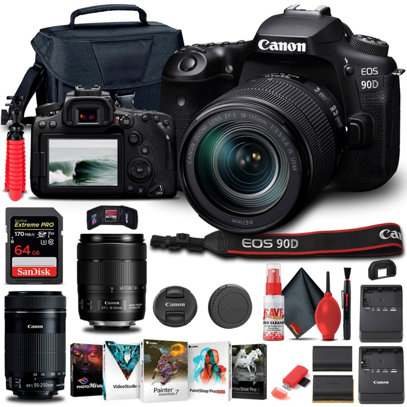 Canon EOS 90D Camera W/ 18-135mm and Canon EF-S 55-250mm Lenses  - Basic Bundle (International Model)