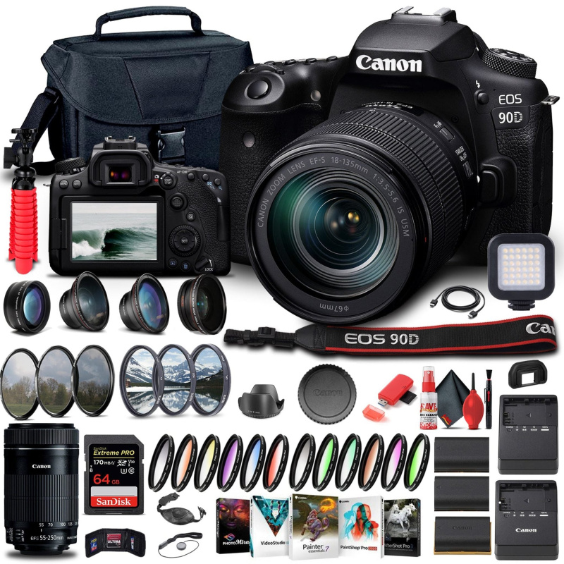 Canon EOS 90D Camera W/ 18-135mm and EF-S 55-250mm Lenses  - Advanced Bundle (International Model)