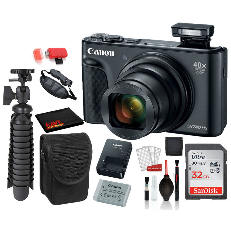 Canon PowerShot SX740 HS Digital Camera (Black) with SanDisk 32gb SD card + Camera Case + 12 Tripod Starter Bundle (International Model)