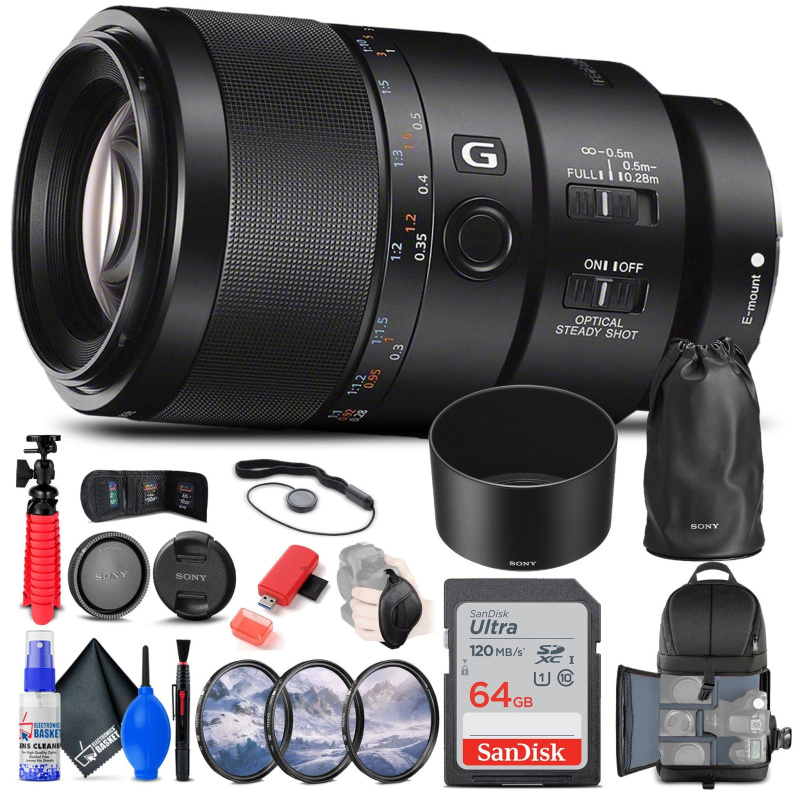 Sony FE 90mm f/2.8 Macro G OSS Lens + Filter Kit + BackPack + 64GB Card + More