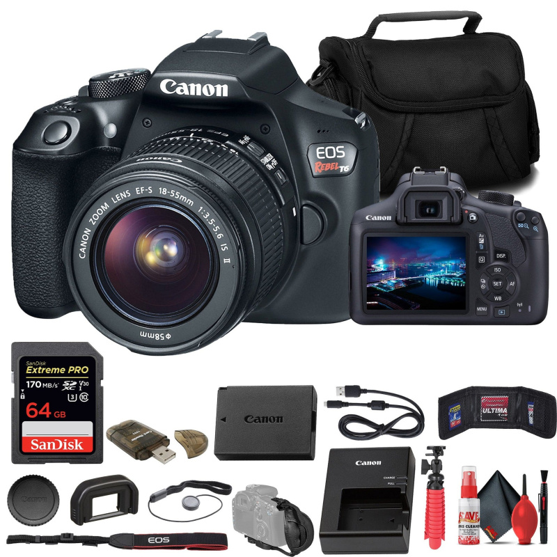 Canon EOS Rebel T6 DSLR Camera W/ 18-55mm Lens + 64GB Card + Cleaning Kit + More (International Model)