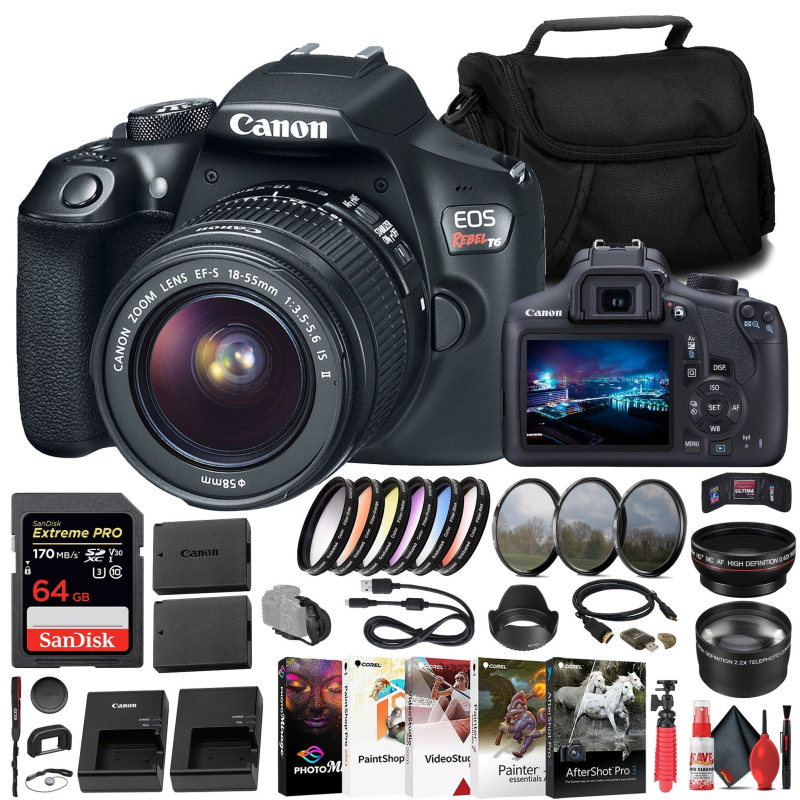 Canon EOS Rebel T6 DSLR Camera W/ 18-55mm Lens + 64GB Card + Filter Kit + More (International Model)