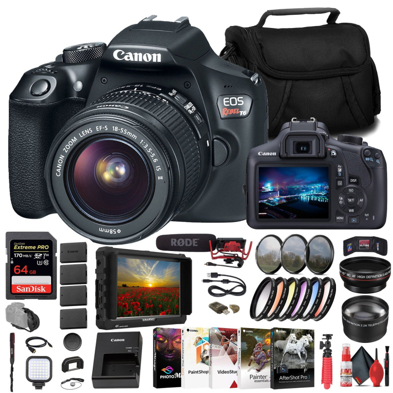 Canon EOS Rebel T6 DSLR Camera W/ 18-55mm Lens + Monitor + Mic + 64GB Card + More (International Model)