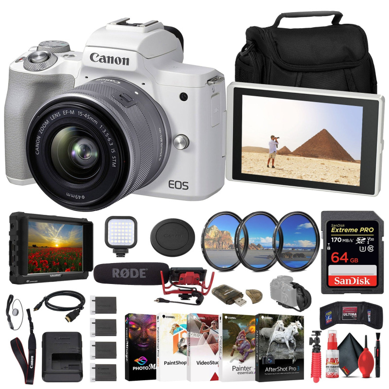 Canon EOS M50 Mark II Mirrorless Camera W/ 15-45mm Lens + 64GB Card Monitor Bundle (International Model)
