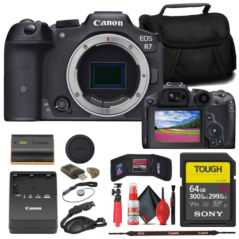 Canon EOS R7 Mirrorless Camera + 64GB TOUGH SD Card + Bag Base Bundle (International Model)