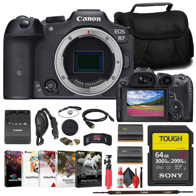 Canon EOS R7 Mirrorless Camera + 64GB TOUGH SD Card + Bag Starter Bundle (International Model)